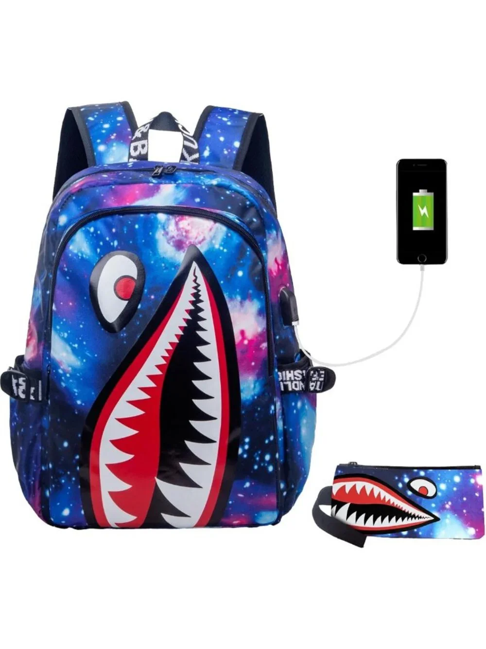 Lightweight Shark Kids Backpack, Water-Resistant Schoolbag with USB Port, Purple